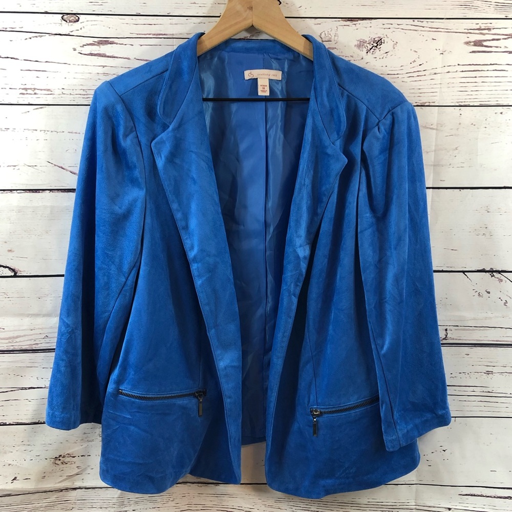 DRESSBARN Plus Size Blue Suede Open Front Blazer